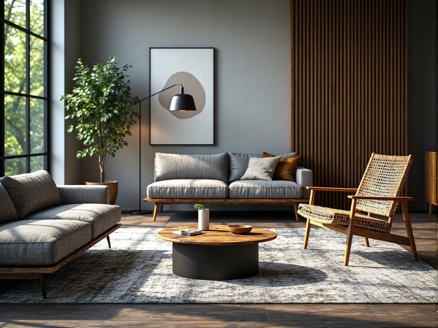 Aranżacja salonu w stylu minimalistycznym z wykorzystaniem prostych, ekologicznych mebli i dodatków.