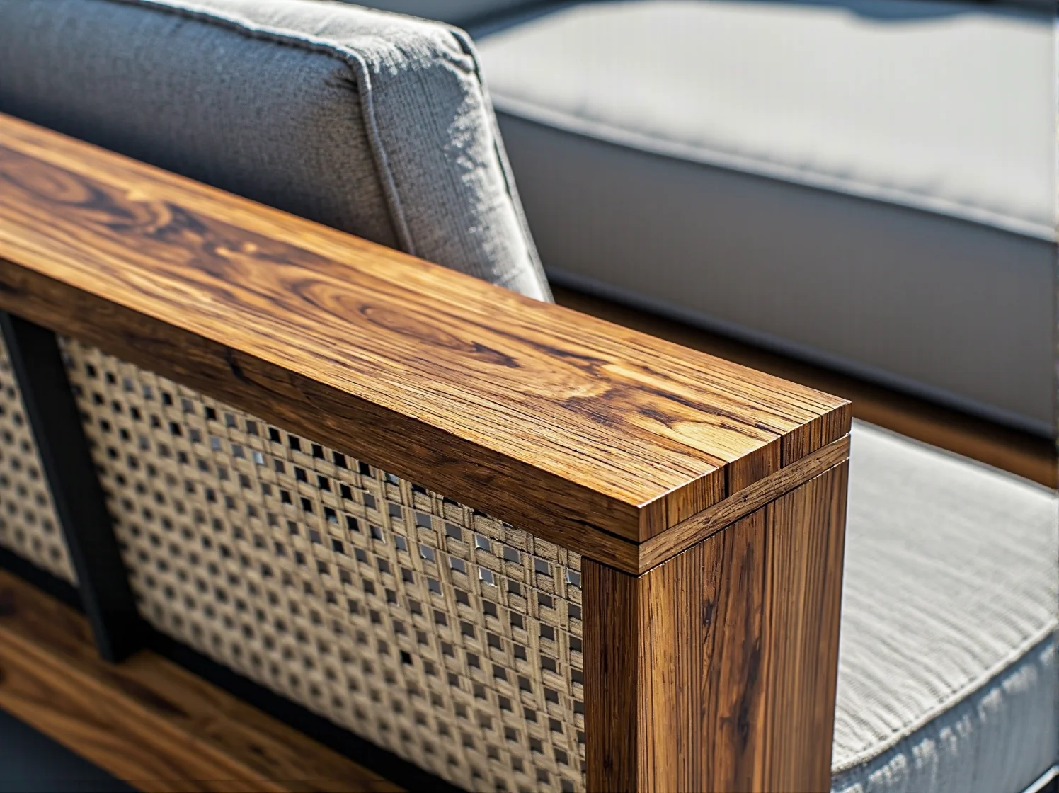 Drewniany podłokietnik sofy z rattanowym wypełnieniem i szarą tapicerką