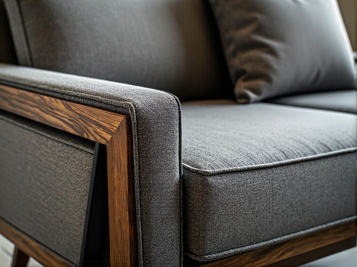 Gładka, łatwa w czyszczeniu powierzchnia sofy obitej elegancką skórą ekologiczną w kolorze brązowym.