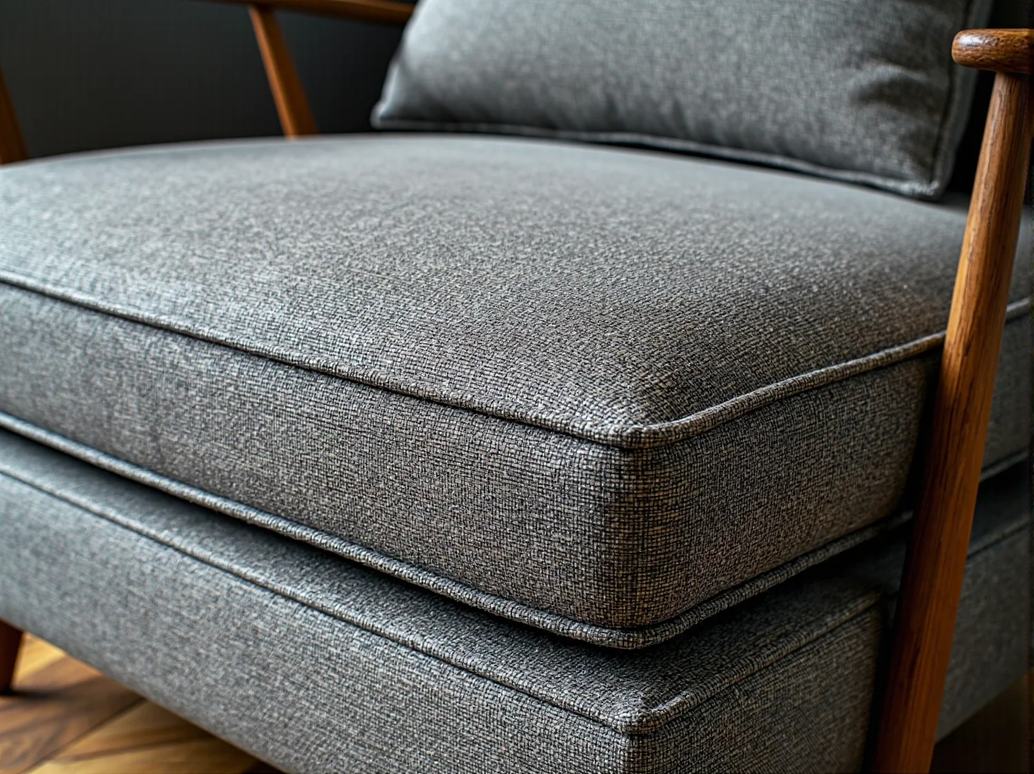 Szary fotel retro z drewnianymi podłokietnikami i tapicerowanym siedziskiem