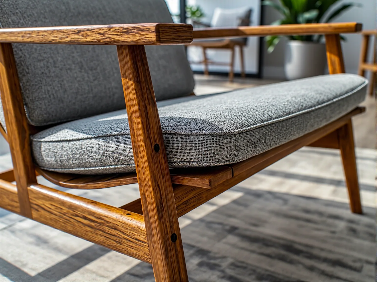 Drewniana ławka wypoczynkowa z szarą tapicerowaną poduszką