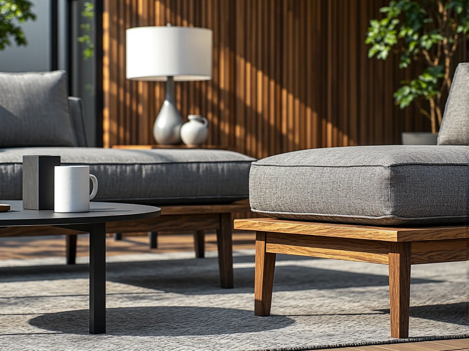 Szara sofa modułowa na drewnianej ramie dębowej z poduszką