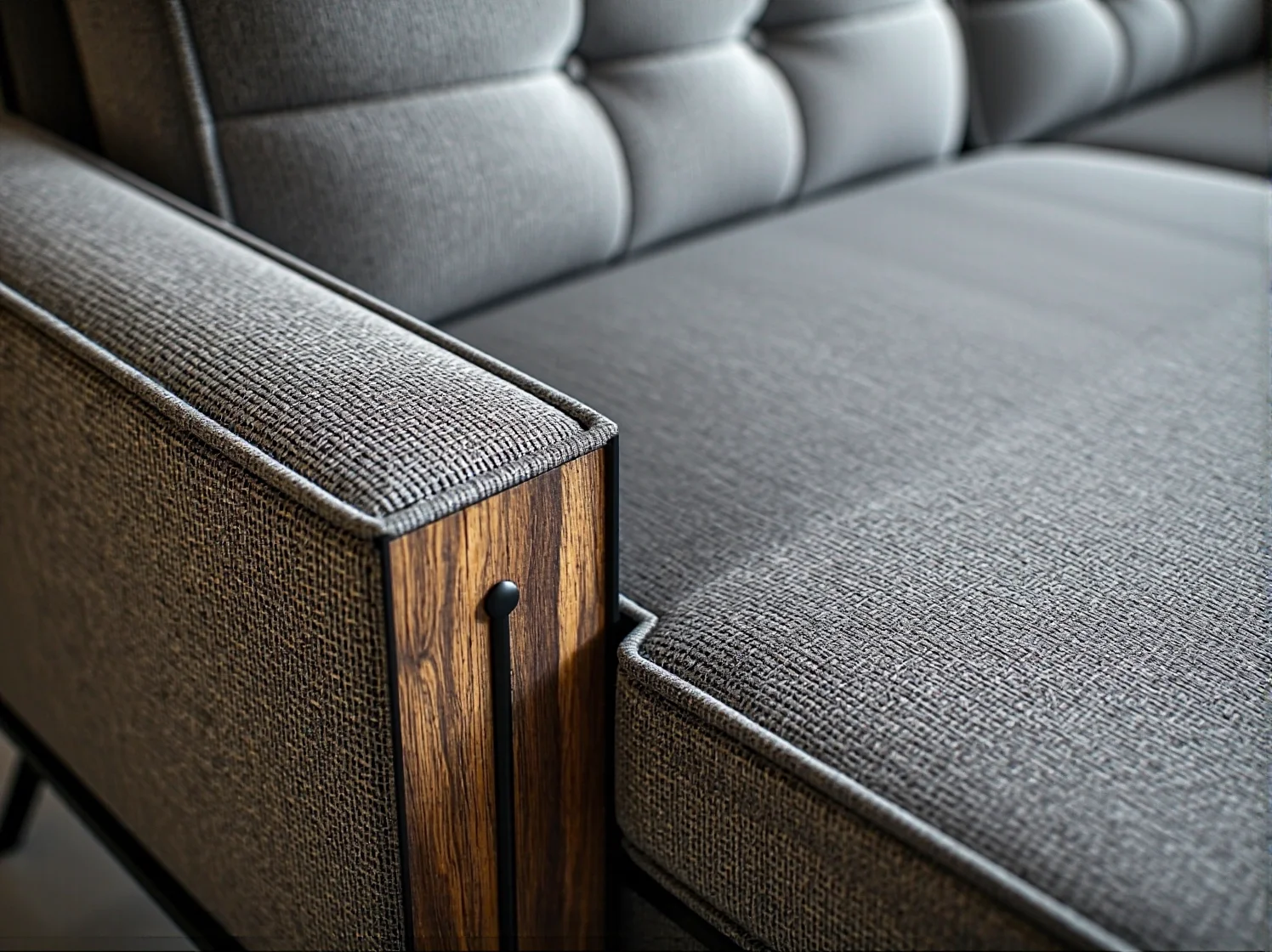 Szara sofa tapicerowana z drewnianymi podłokietnikami i pikowanym oparciem