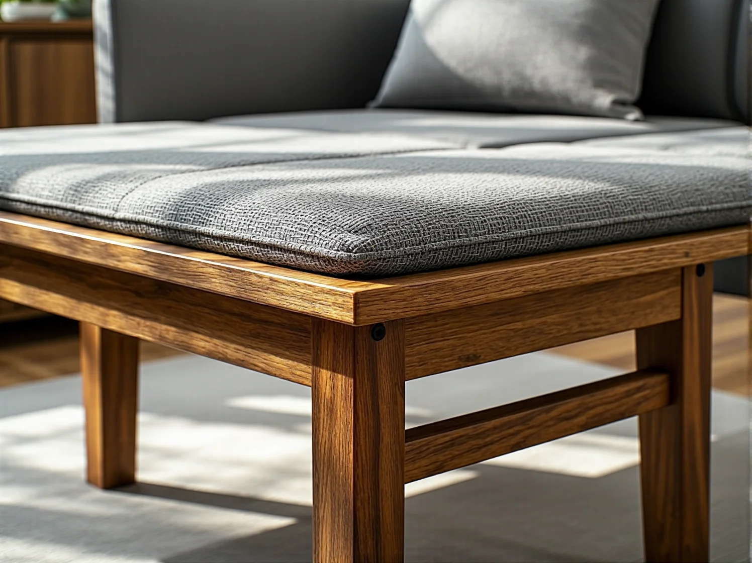 Drewniana ławka dębowa z szarą tapicerowaną poduszką siedziska