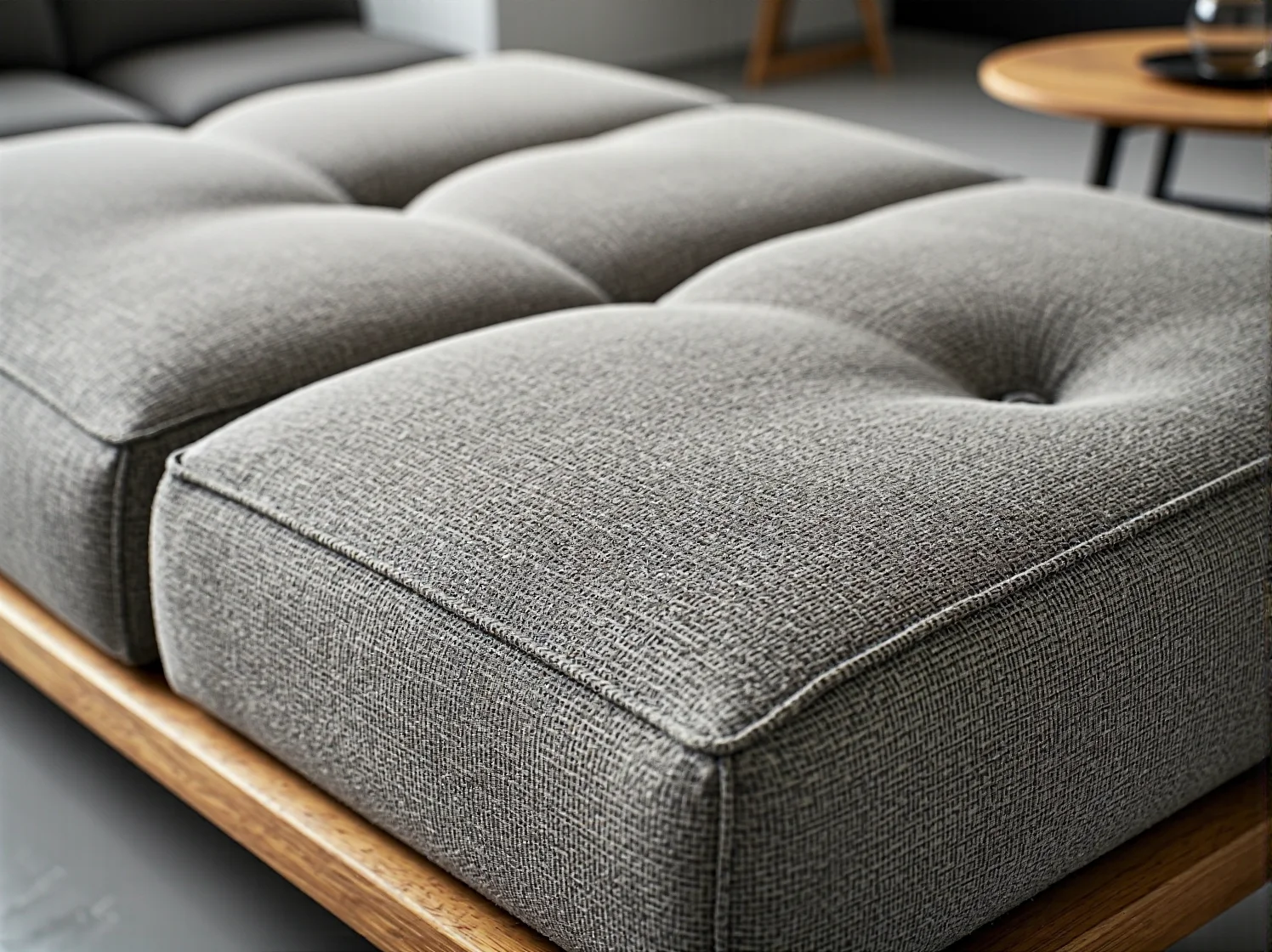 Szara sofa tapicerowana pikowana na drewnianej ramie