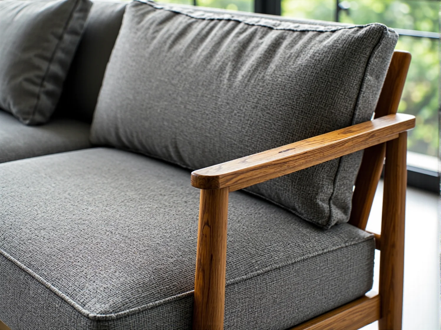 Wygodny kącik wypoczynkowy z poduszkami na wąskim balkonie.